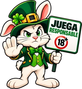 Lukas, el conejo de LukitaBet, con sombrero verde y un cartel que dice Juega responsable, +18